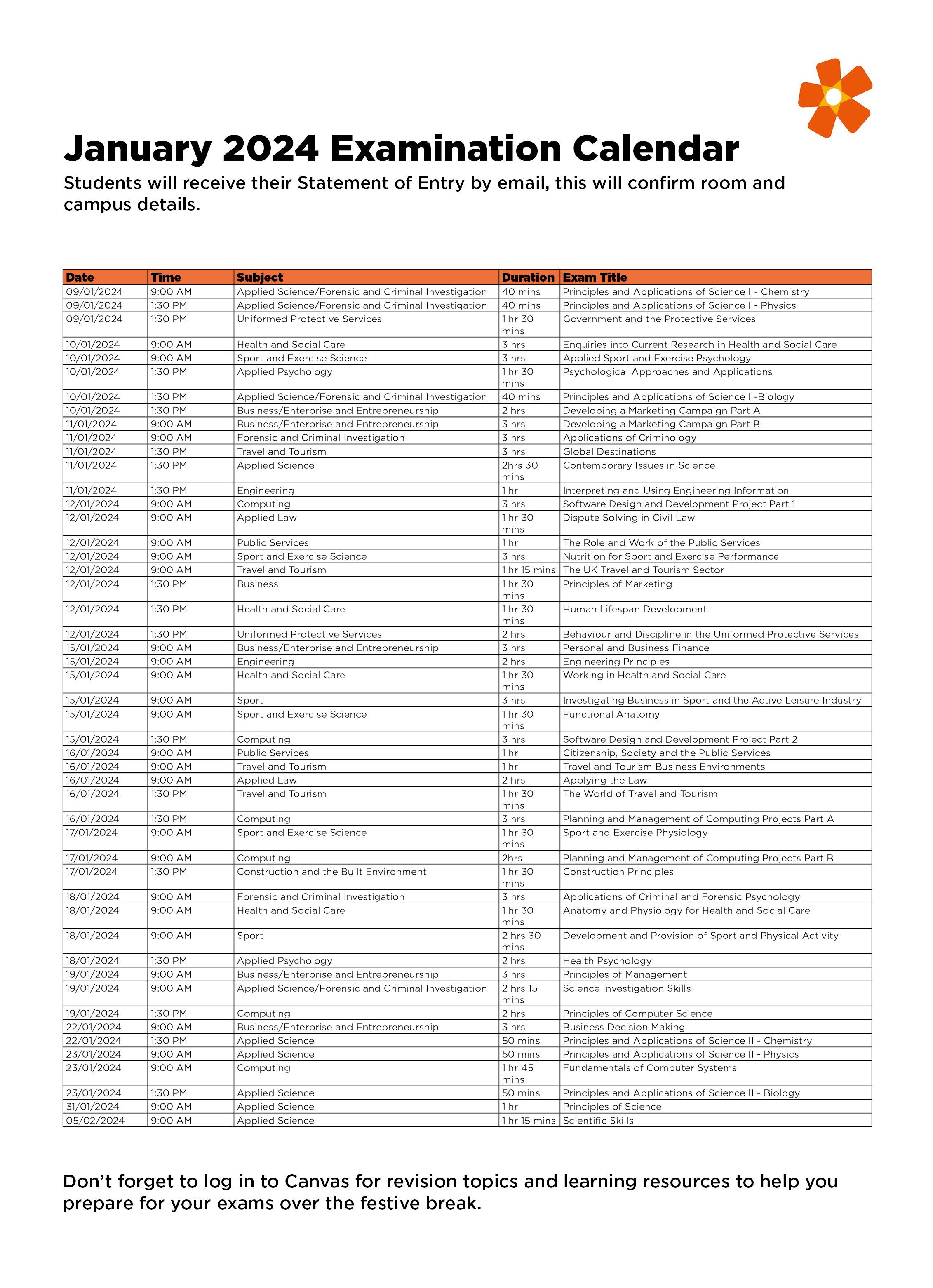 Exam Calendar: January 2024 | West Herts College Exam Calendar: January 2024 | West Herts College