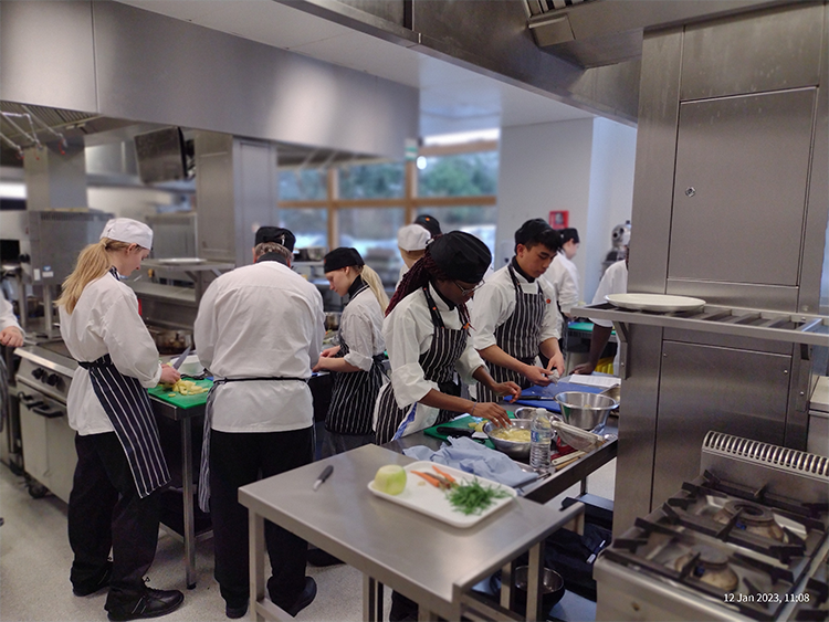 Professional cookery students preparing meal